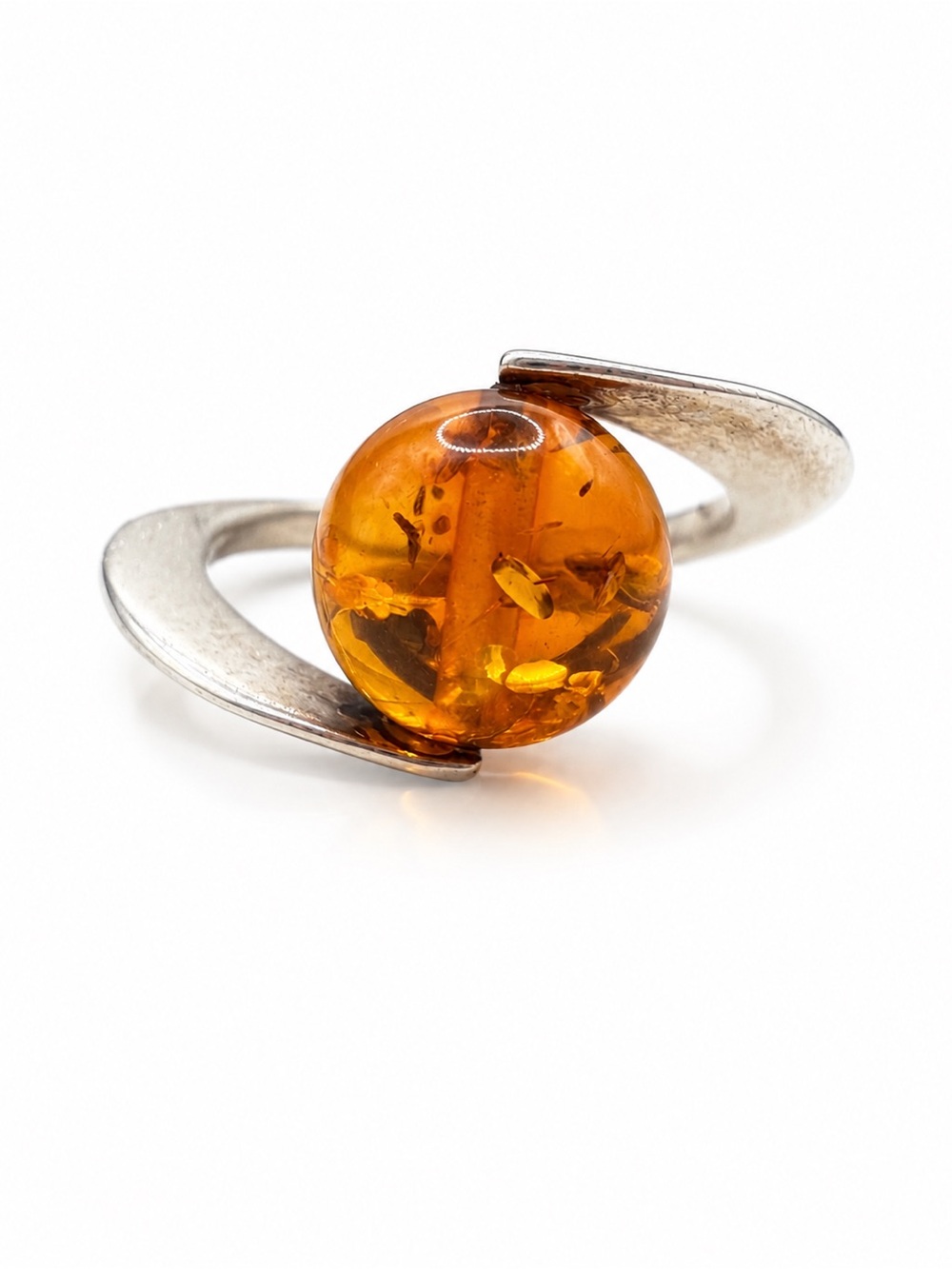 Amber Sphere Silver Swirl Ring - Silver 925, Size 5